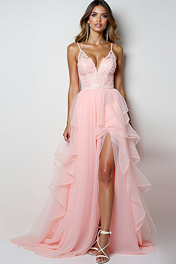 Rodnande Rosa En linje Spaghetti Straps Lång Balklänning Med Ruffles